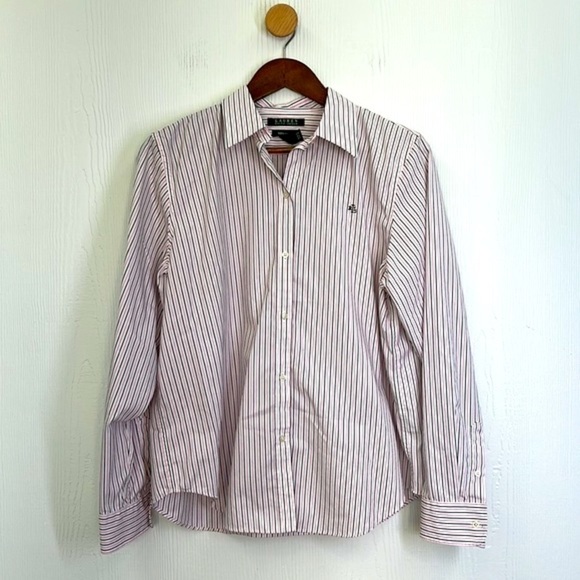Lauren Ralph Lauren - Black & Pink Stripe Button Down Non Iron Top Size Large - Picture 7 of 10